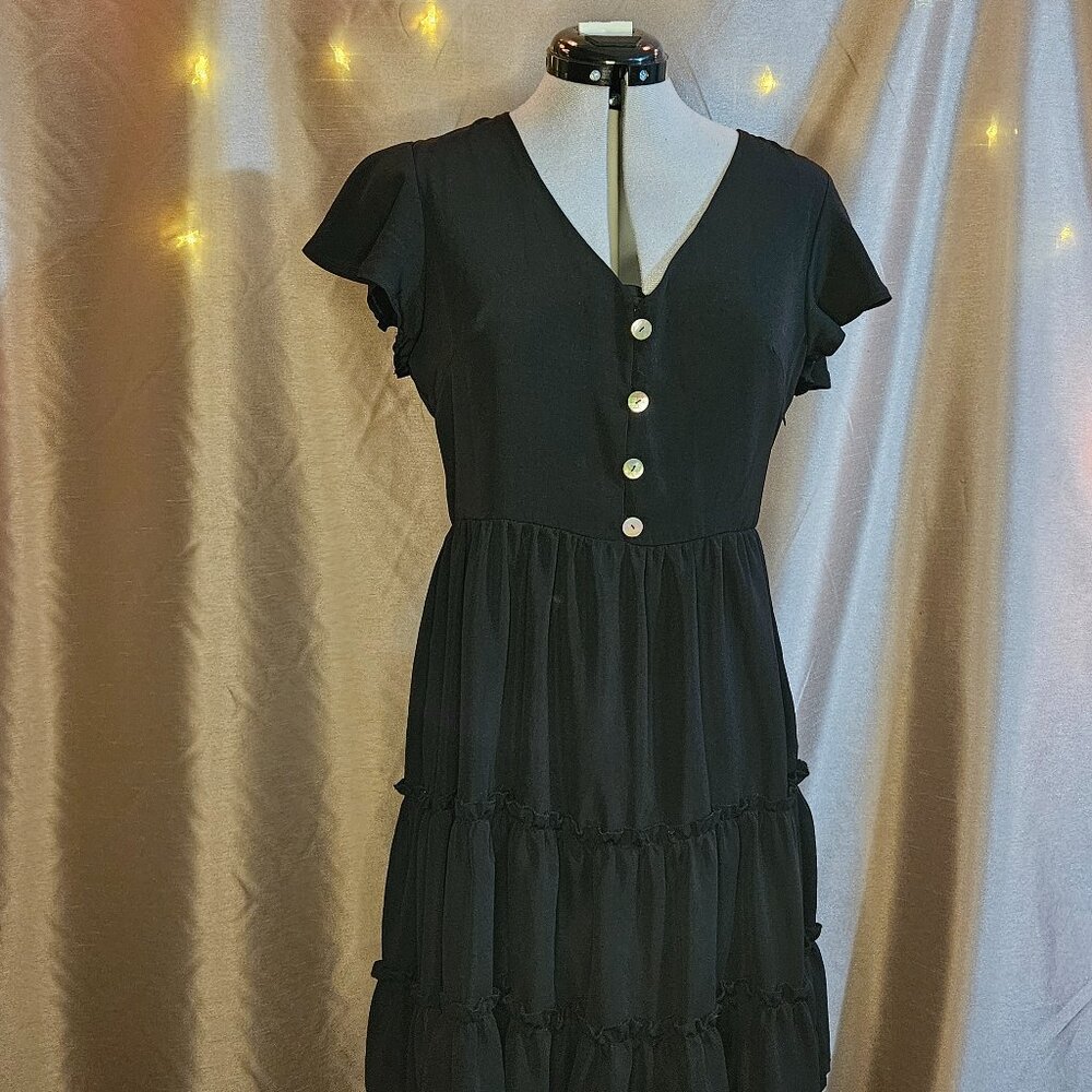 Miholl, Black, Tierd Ruffles, Pearlescent Buttons, Dress, Size: M